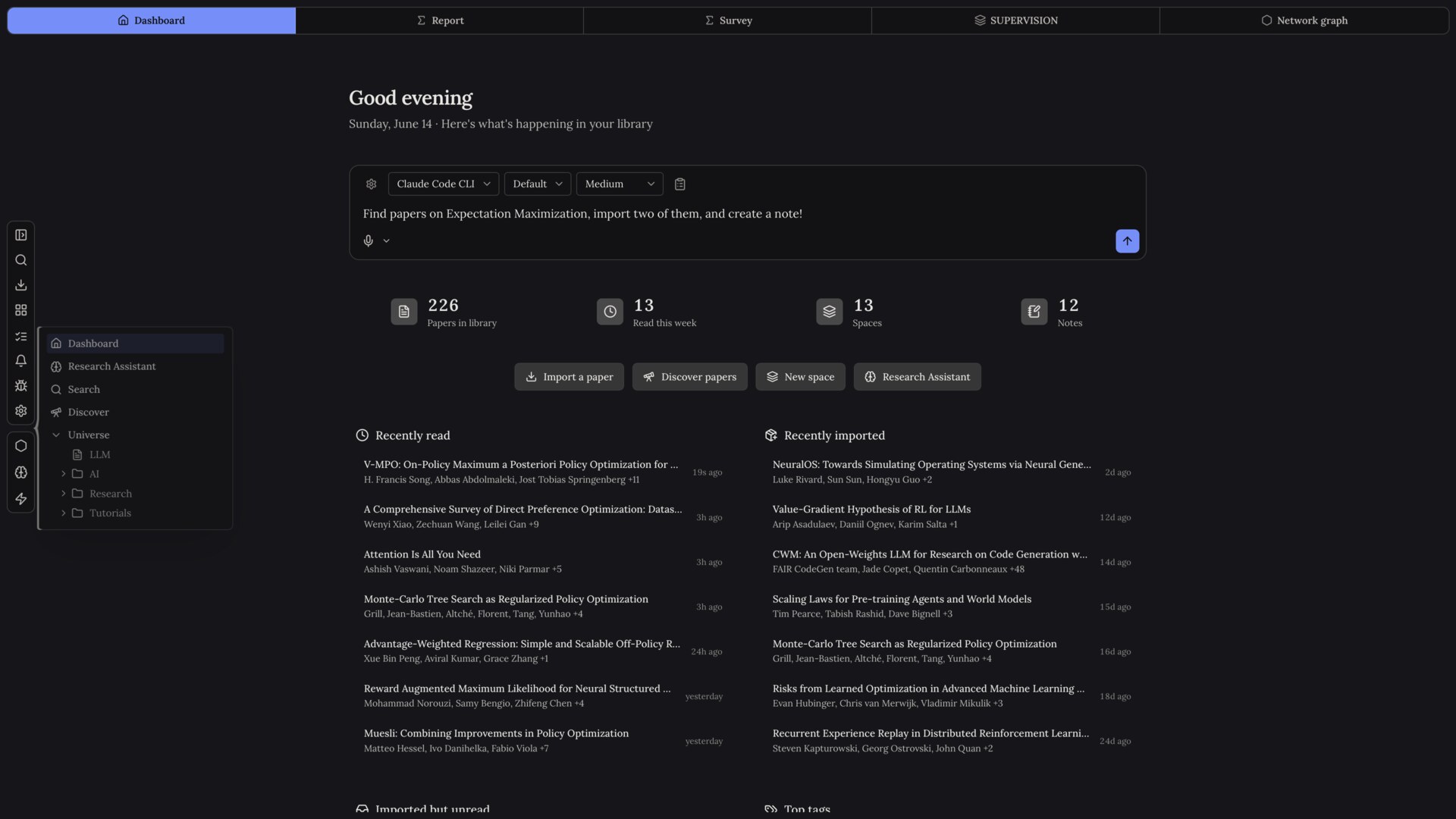 minerva dashboard, a greeting with library stats, recently read and imported papers, top tags, and a prompt box to continue