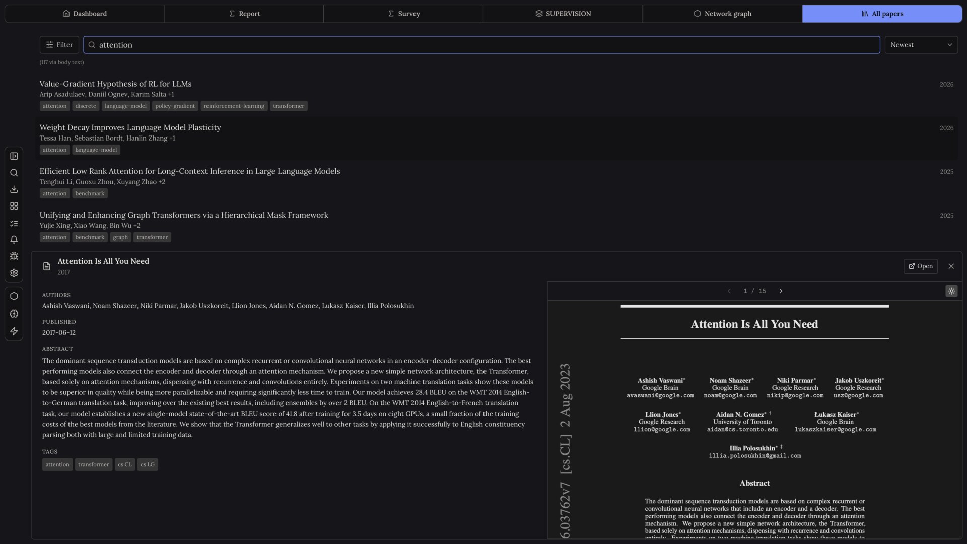 minerva paper library, a searchable list of papers with a pdf preview open alongside