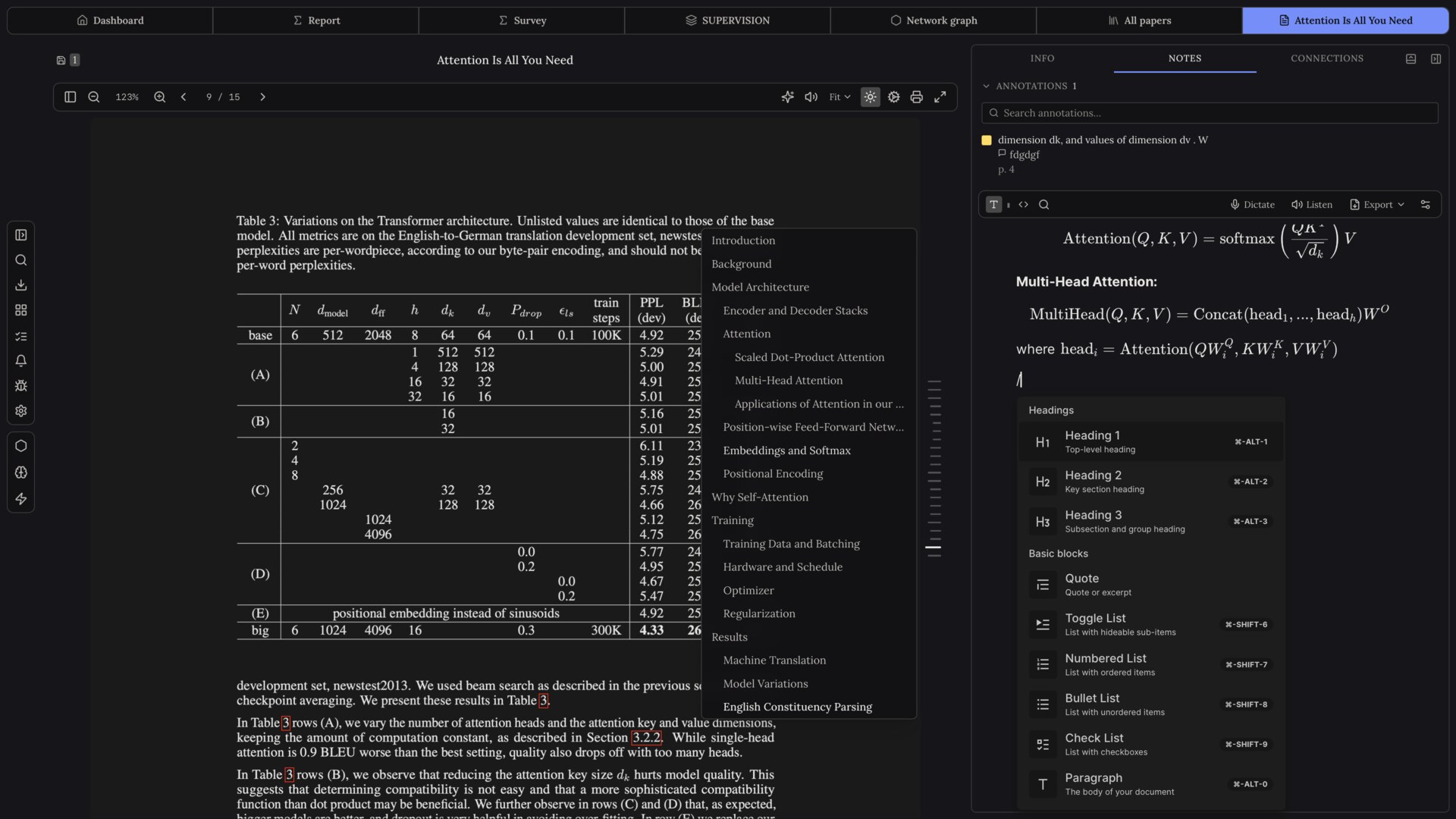 minerva pdf reader, a paper with highlighted text and a notes panel of extracted equations
